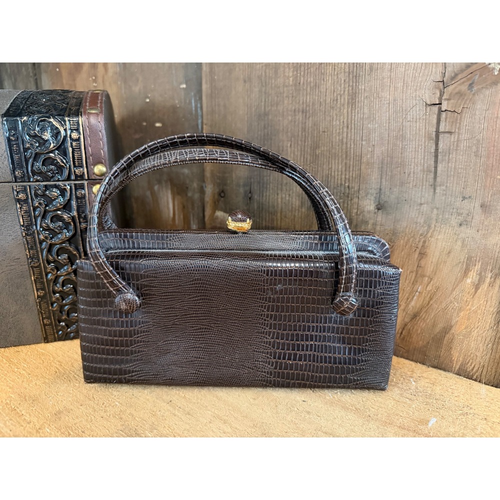 After Five Brown Reptile Embossed Structured Handbag Vintage Style Top Handle